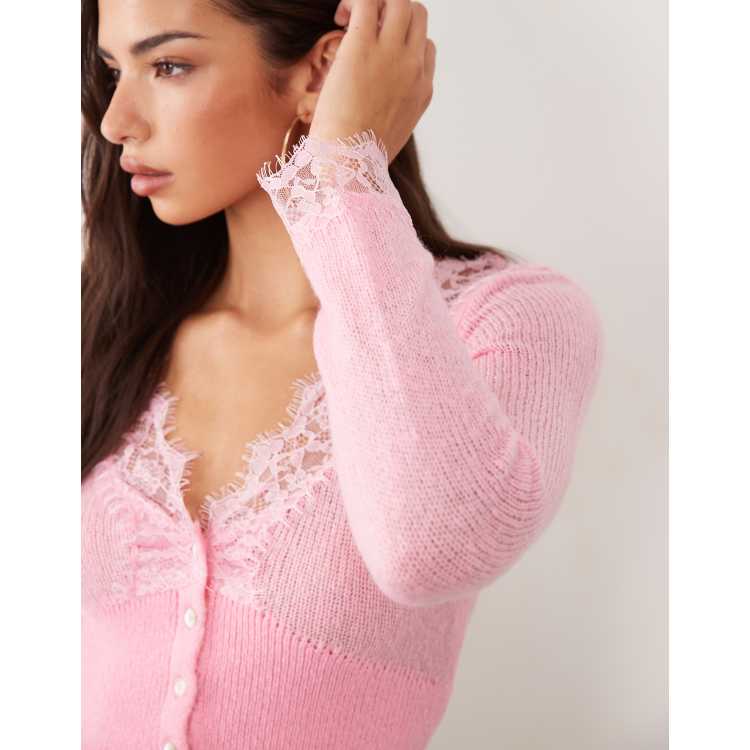 Miss Selfridge lace trim sheer knit cardigan in pink | ASOS