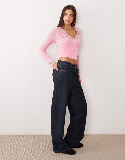 Miss Selfridge lace trim sheer knit cardigan in pink, 2 of 4