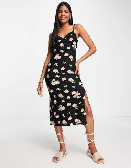 Miss Selfridge lace trim slip dress in rose print | ASOS