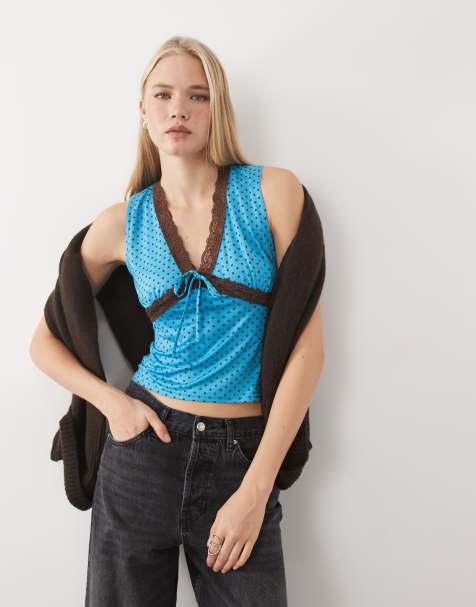 Miss Selfridge lace trim tank top in turquoise polka dot print - view 1