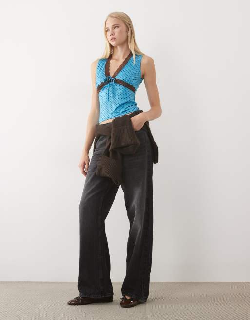 Miss Selfridge lace trim tank top in turquoise polka dot print, 3 of 4