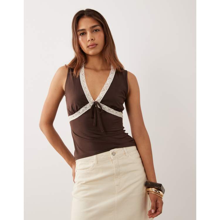 Miss Selfridge lace trim tank top with bow in brown | ASOS