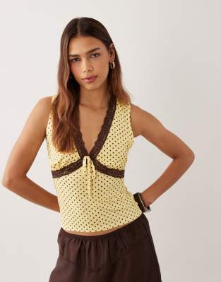 Miss Selfridge Lace Trim Tank Top With Bow In Multi