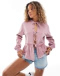 [Miss Selfridge] Miss Selfridge lace trim tie front oversized hoodie in light pink XS Light Pink