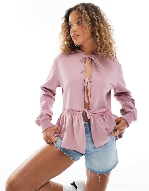 Miss Selfridge lace trim tie front oversized hoodie in light pink