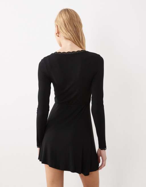 Miss Selfridge lace trim wrap mini dress  in black, 3 of 4