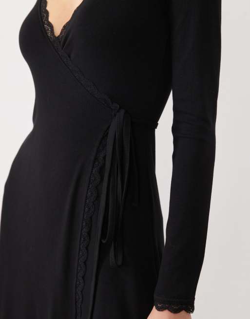 Miss Selfridge lace trim wrap mini dress  in black, 4 of 4