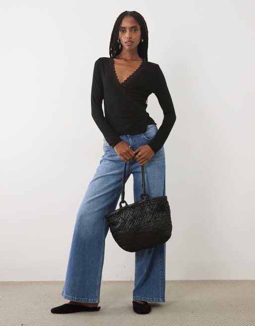 Miss Selfridge lace trim wrap top in black, 2 of 4