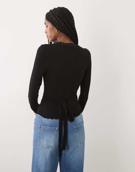 Miss Selfridge lace trim wrap top in black, 4 of 4