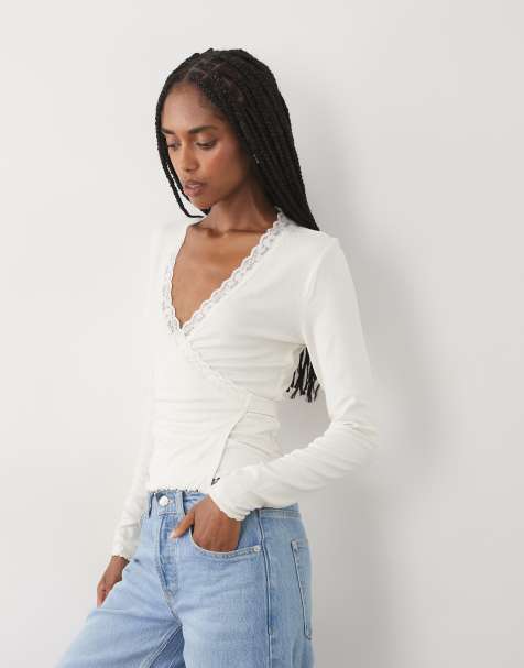 Miss Selfridge lace trim wrap top in cream - view 1