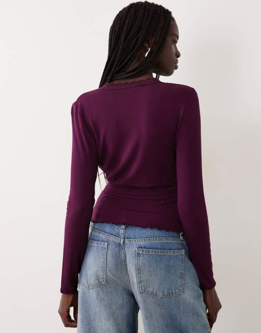 Miss Selfridge lace trim wrap top in fig, 2 of 4