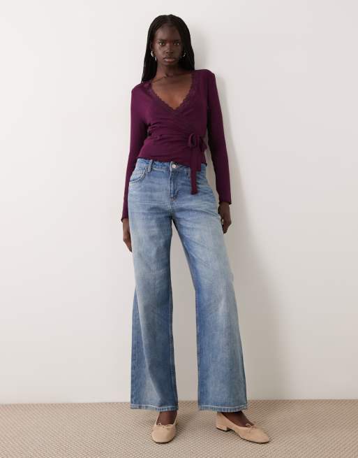 Miss Selfridge lace trim wrap top in fig, 3 of 4