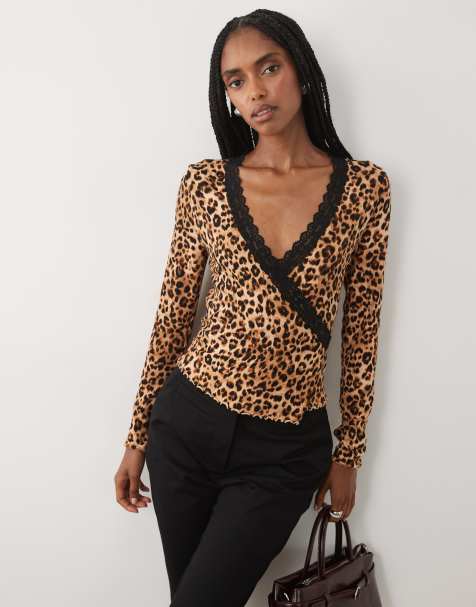 Miss Selfridge lace trim wrap top in leopard - view 1