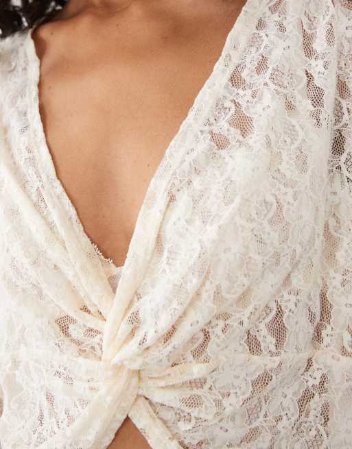 Miss Selfridge lace twist front top in cream, 4 of 4