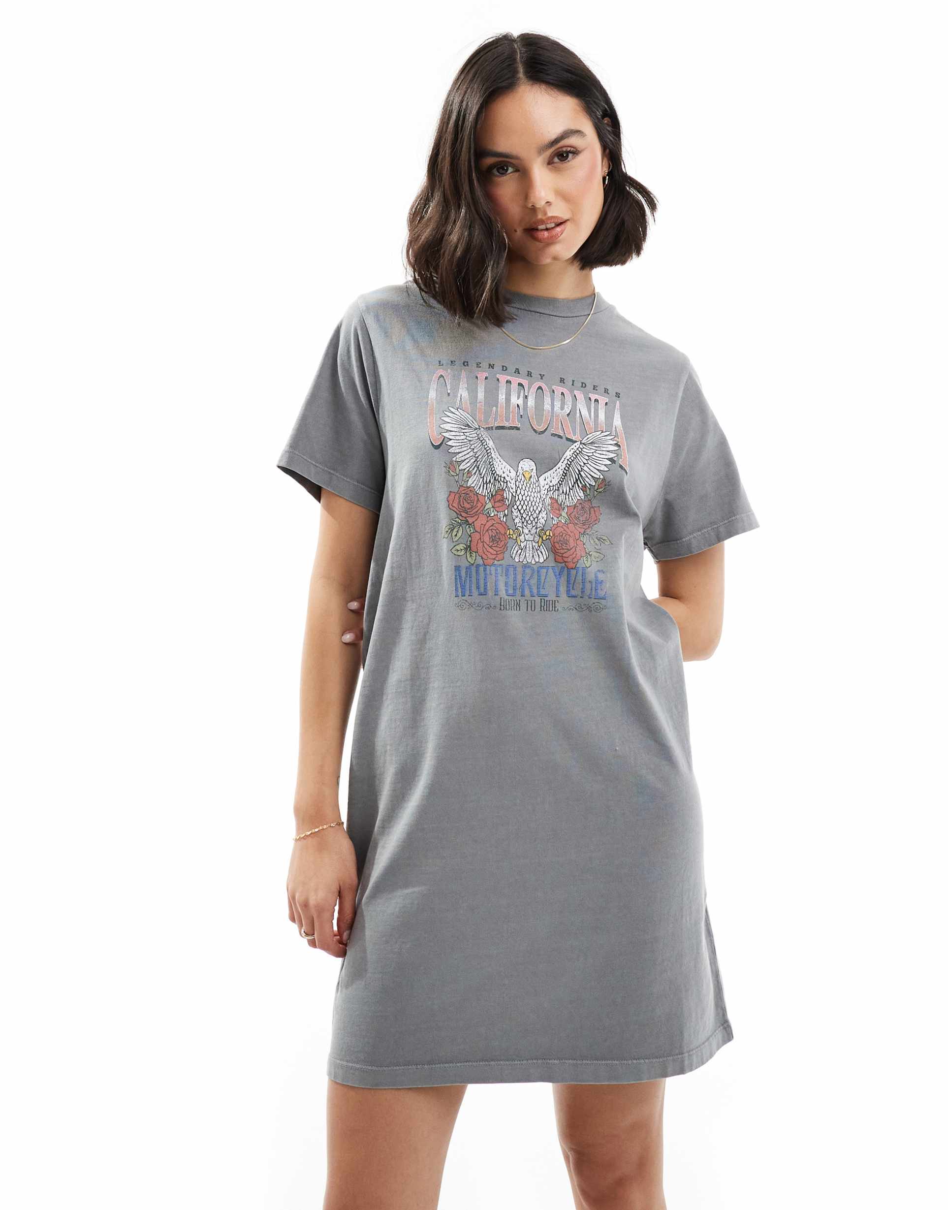 miss selfridge lace-up back graphic t-shirt mini dress in gray