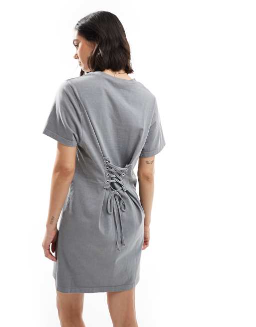 Miss Selfridge lace-up back graphic T-shirt mini dress in gray | ASOS