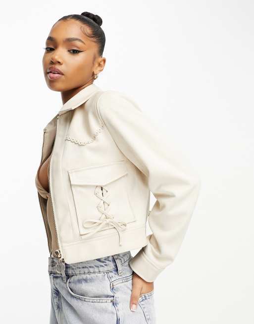 Crop white shop leather jacket