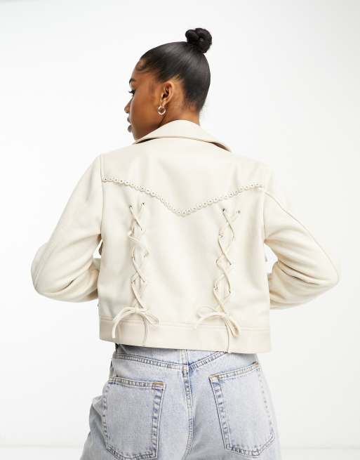 Plus Cream Faux Leather Zip Detail Biker Jacket