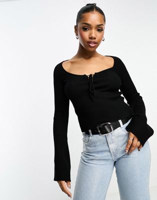 Miss Selfridge lace up detail sweetheart neck flare sleeve knit rib top in black  - ASOS Price Checker