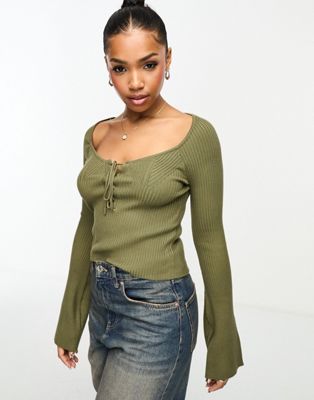 Miss Selfridge lace up detail sweetheart neck flare sleeve knit rib top in khaki - ASOS Price Checker
