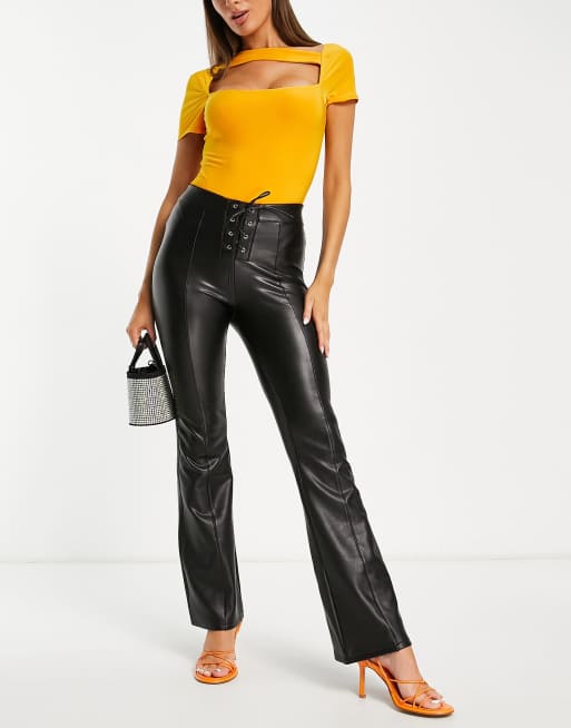 Topshop faux leather lace up flare pants in black, ASOS