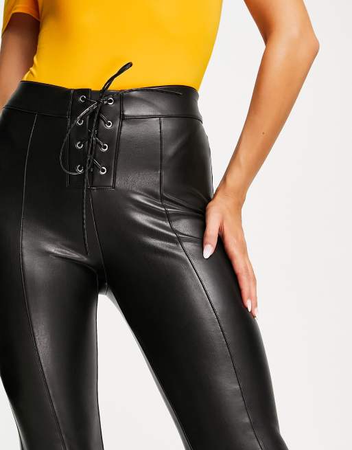 Black Faux Leather Button Front Kick Flare Trousers