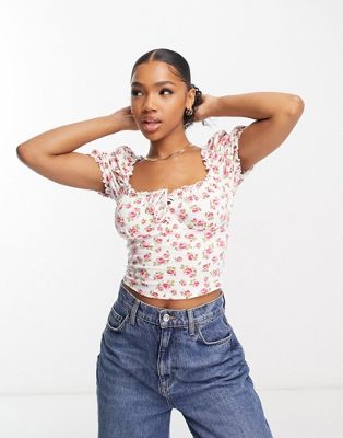 Miss Selfridge lace up milkmaid top in floral print