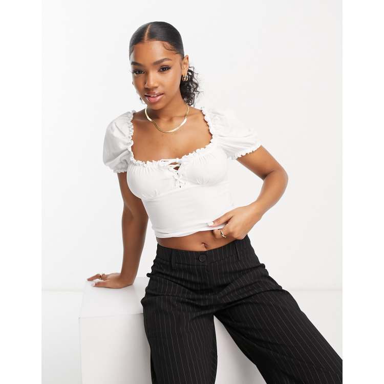 Miss Selfridge lace up milkmaid top in white ASOS