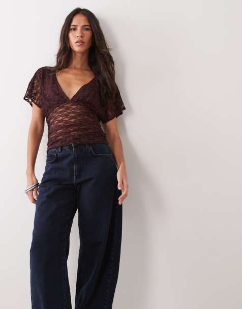 Miss Selfridge lace v-neck top with gathered waist in brown - view 1