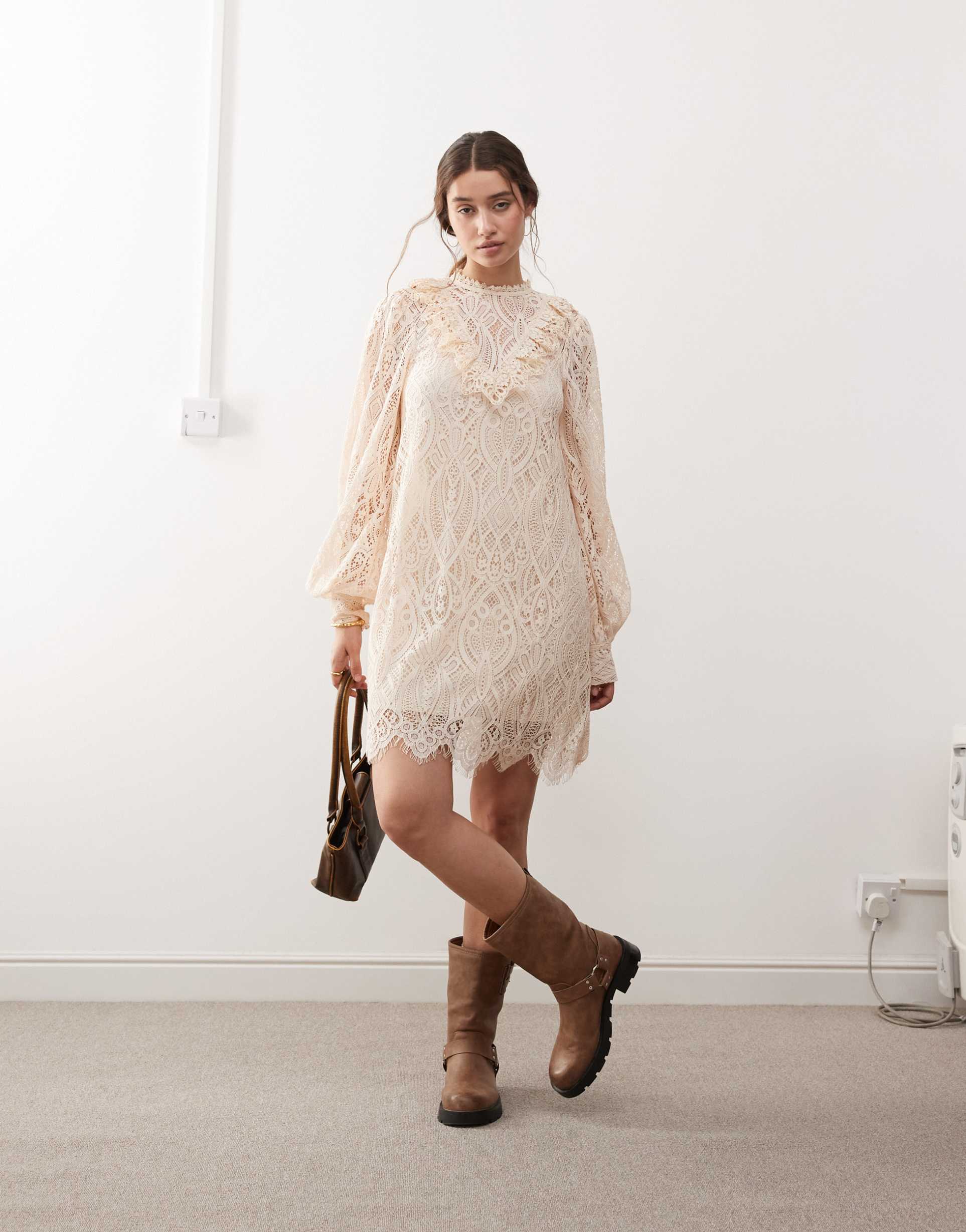 miss selfridge lace victoriana mini dress in light pink