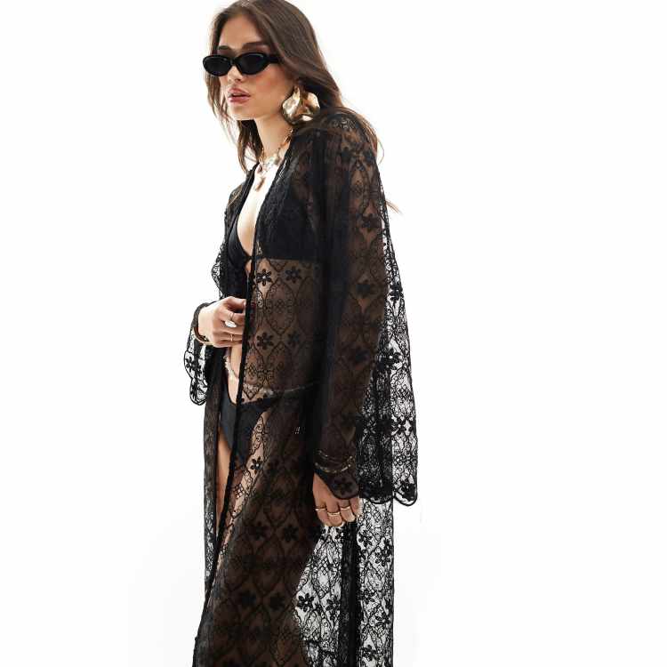 Miss Selfridge lace wide sleeve maxi kimono in black | ASOS