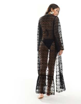 Miss Selfridge lace wide sleeve maxi kimono in black | ASOS