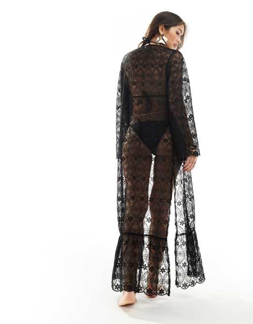 Miss Selfridge lace wide sleeve maxi kimono in black | ASOS