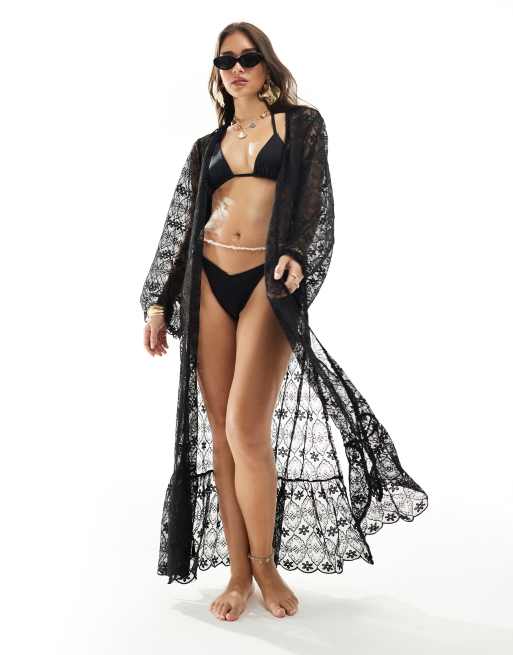 Miss Selfridge lace wide sleeve maxi kimono in black | ASOS
