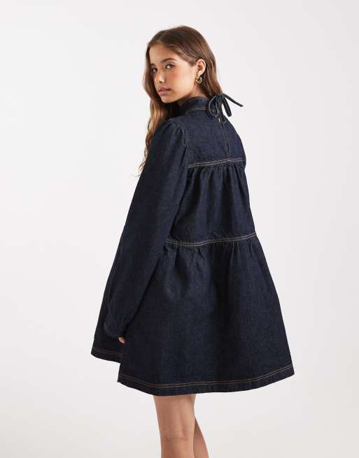 Miss Selfridge - Lagdelt denimkjole i indigoblå vask, 3 af 4