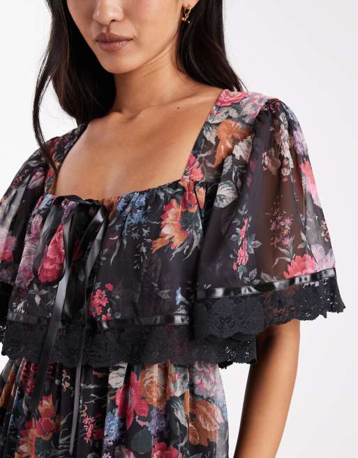 Miss Selfridge - Lagdelt maxikjole i chiffon med vintage blomstermønster, 3 af 4