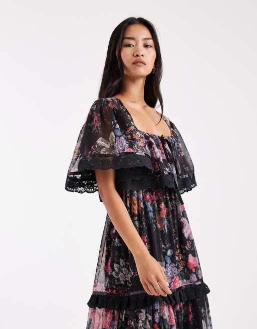 Miss Selfridge - Lagdelt maxikjole i chiffon med vintage blomstermønster, 4 af 4