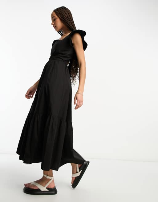 Miss Selfridge - Lagdelt maxikjole med flæsestropper i sort poplin, 4 af 4