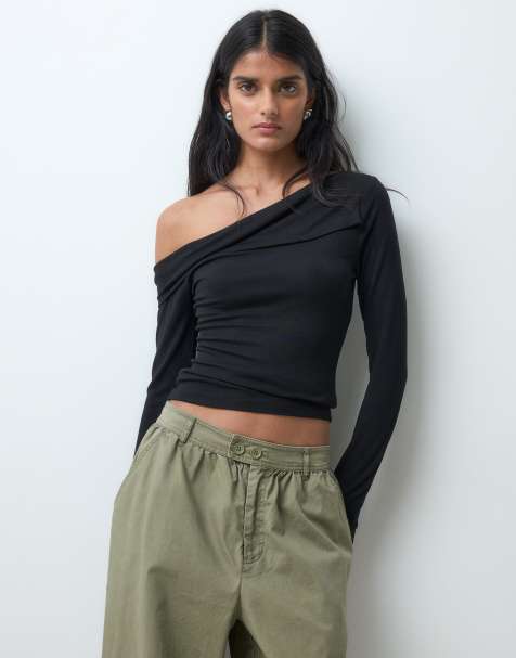 Miss Selfridge Langarm-Top mit Knotendetail und Spitzenbesatz in Schwarz - view 1