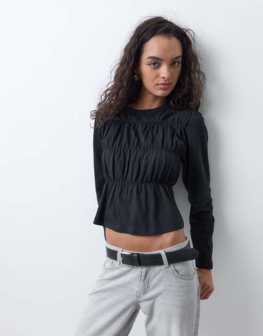 Miss Selfridge långärmad smockad peplum-topp i svart, 5 av 5