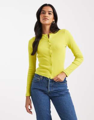 Miss Selfridge - Langärmlige, taillierte Strickjacke in Limettengrün mit Rippenmuster