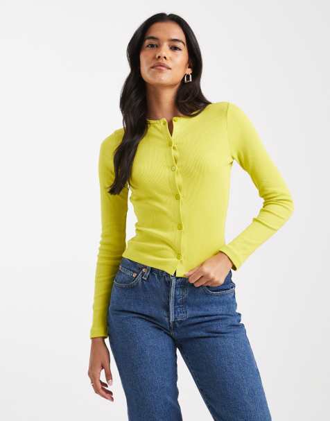 Miss Selfridge – Langärmlige, taillierte Strickjacke in Limettengrün mit Rippenmuster - view 1