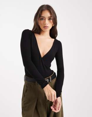 Miss Selfridge - Langärmliger Body in Schwarz mit Wickeldesign