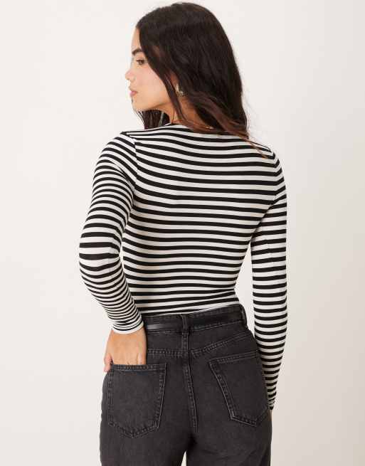 Miss Selfridge – Langärmliger, gestreifter Body in Schwarz-Weiß mit Rundhalsausschnitt, 4 von 4
