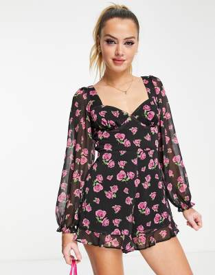 Miss Selfridge - Langärmliger Playsuit aus Chiffon mit Dekolleté-Detail und Rosenmuster-Bunt