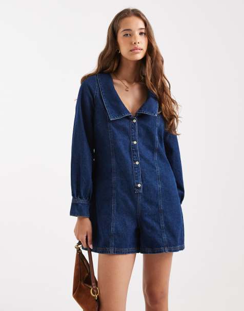 Miss Selfridge – Langärmliger Playsuit mit Matrosen-Design in mittlerer Waschung - view 1