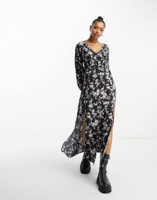 Miss Selfridge - Langärmliges, durchgeknöpftes Maxikleid mit Rankenblumenmuster-Black