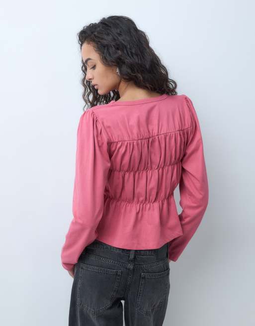 Miss Selfridge langärmliges gerafftes Schößchenoberteil in Rosa, 4 von 5