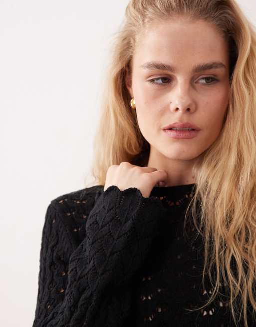 Miss Selfridge – Langärmliges Häkel-Minikleid in Schwarz mit Taillendetail, 4 von 4