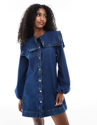 Miss Selfridge - Langärmliges Jeanskleid mit gebundenem Oversize-Kragen-Blau